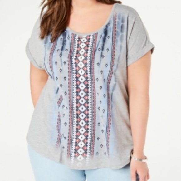 NWT Style & Co. Plus Cuff Sleeve Tribal T-Shirt - Picture 4 of 4